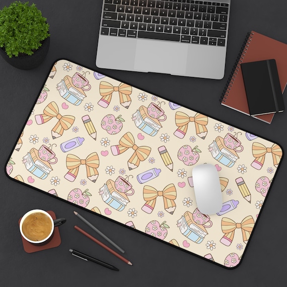 Teacher Desk Mat, Cute Pastel Teacher Office Decor, Large Mouse Pad with Books, Apples & Bows, Teacher Appreciation Gift, Classroom Desk Mat