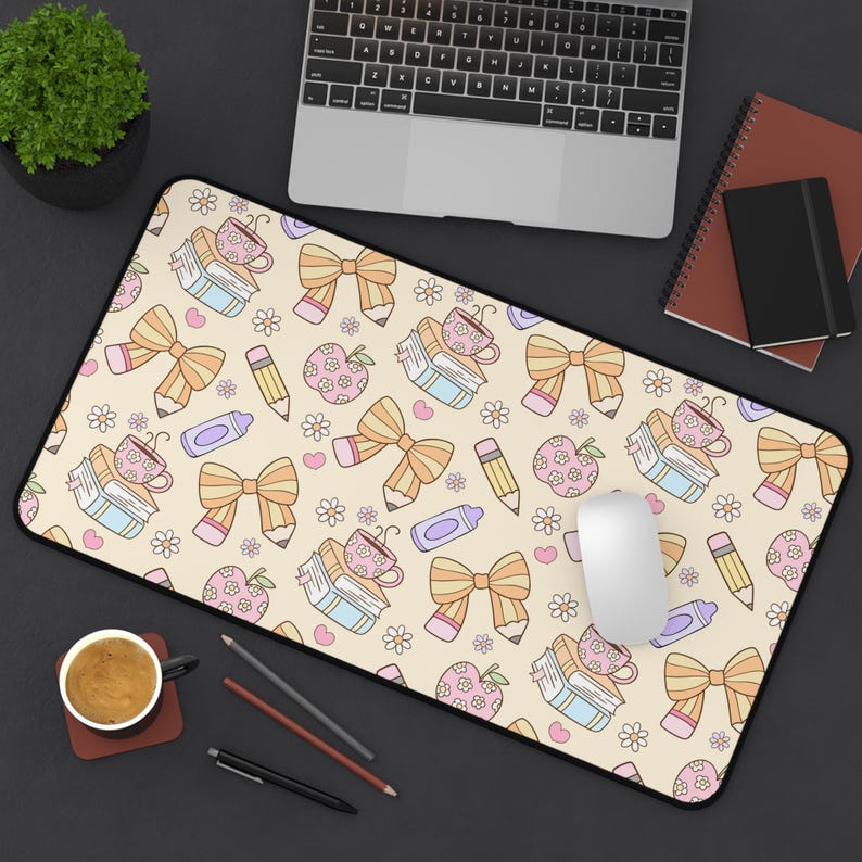 Teacher Desk Mat, Cute Pastel Teacher Office Decor, Large Mouse Pad with Books, Apples & Bows, Teacher Appreciation Gift, Classroom Desk Mat image 1