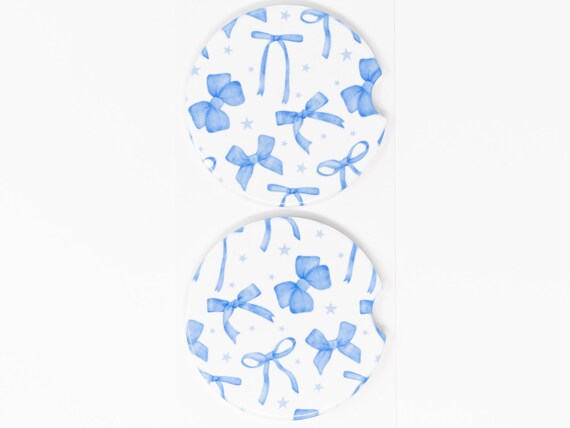 Car Coaster, Ceramic, Blue Coquette Bows and Stars, Set of 2 Car Coasters, Cute Car Accessory, Cup Holder Coaster, Ready to Ship Gift