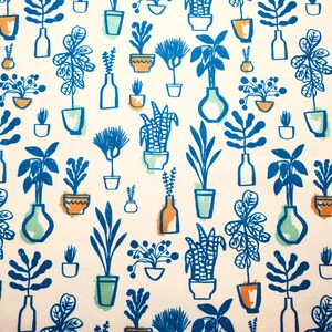 May include: A white background with a repeating pattern of blue and green stylized plants in pots. The plants are drawn in a simple, graphic style.