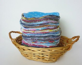 Sale - 50 Cloth Wipes - 4 x 5" Double Layer Mixed Assortment -Bidet Drying Wipes, Reusable Facial Wipes, Cloth Diaper Wipes Cotton Flannel