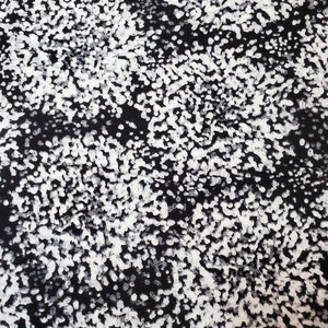 May include: Black and white abstract pattern with a speckled, textured effect. The pattern is made up of small white dots and swirls on a black background.