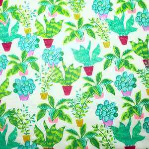 May include: A white background with a repeating pattern of green, pink, and blue potted plants. The plants are drawn in a simple, stylized manner.