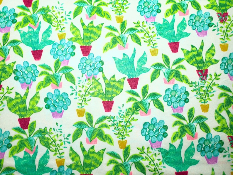 May include: A white background with a repeating pattern of green, pink, and blue potted plants. The plants are drawn in a simple, stylized manner.