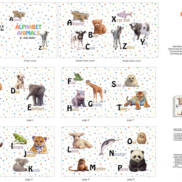 Boek stoffen paneel van zachte stof, dierenalfabet met unieke dieren, prijs is per paneel.