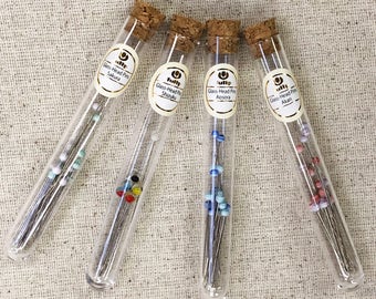 Beautiful Glass Head Pins from Tulip Company, 1.25 inches long, small heads, four styles.