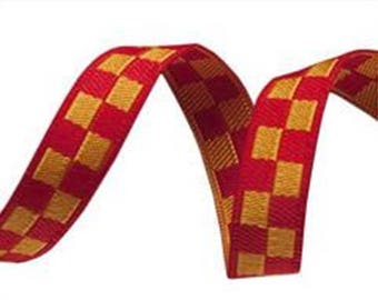 3/8-Zoll Web Jacquardband, Schachbrett rot & gold.
