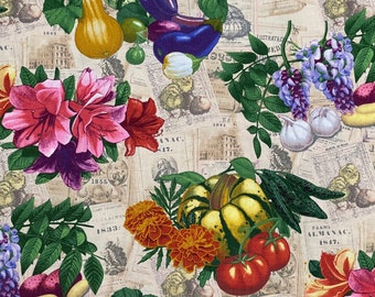 100 percent cotton fabric, Farmer's Almanac, flowers, vegetables. Quantity 1= fat quarter. Greater than 1 is a continuous cut.