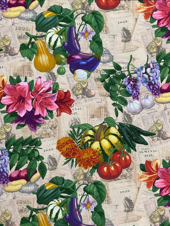 100 percent cotton fabric, Farmer's Almanac, flowers, vegetables. Quantity 1= fat quarter. Greater than 1 is a continuous cut.