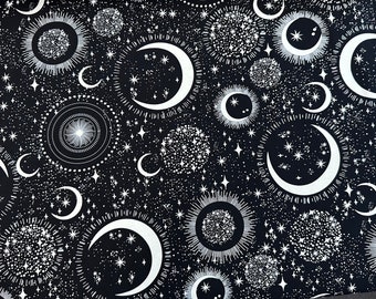 100 percent cotton fabric, glow in the dark, moons and stars all over.