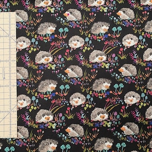 Lätt kanvas, 100 procent bomullstyg, söta igelkottar på svart bakgrund. Priset är per Fat Quarter. bild 1