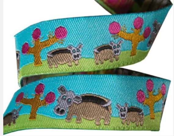 5/8-inch woven jacquard ribbon, hippo on turquoise background