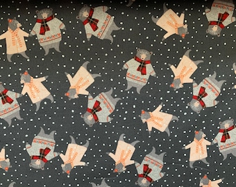 100 percent cotton fabric, holiday theme, bears on grey. Sold by FQ, see description.