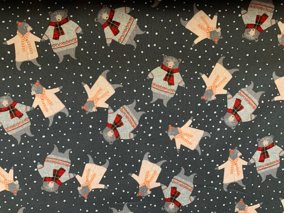 100 percent cotton fabric, holiday theme, bears on grey. Sold by FQ, see description.