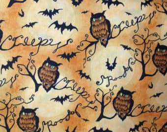 100 percent cotton fabric, owls, bats, "Creepy" "Spooky" branches. Quantity 1= fat quarter. Greater than 1 is a continuous cut.