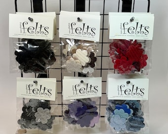 Wool Felt flower shapes, Handbehg Felts, about 12 pieces per package, choose your color scheme