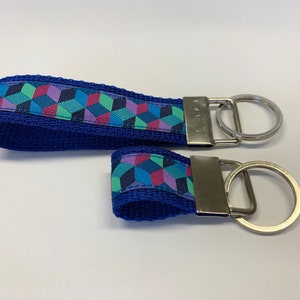Key fob set, gorgeous jacquard ribbon with webbing. Kaffe Fassett Tumbling Blocks on Blue Webbing.