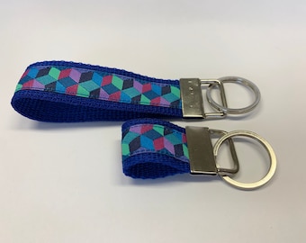 Key fob set, gorgeous jacquard ribbon with webbing. Kaffe Fassett Tumbling Blocks on Blue Webbing.