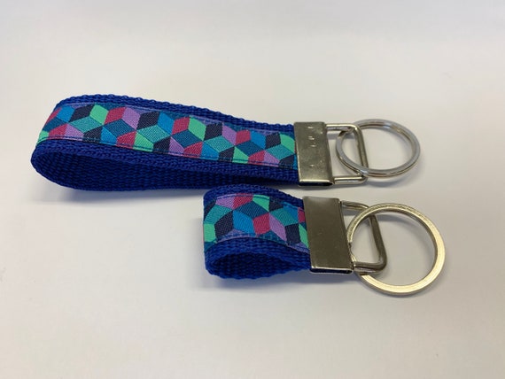 Key fob set, gorgeous jacquard ribbon with webbing. Kaffe Fassett Tumbling Blocks on Blue Webbing.