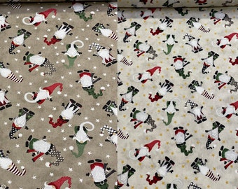 100 percent cotton fabric, holiday gnomes, choose background color. Quantity 1= fat quarter. Greater than 1 is a continuous cut.