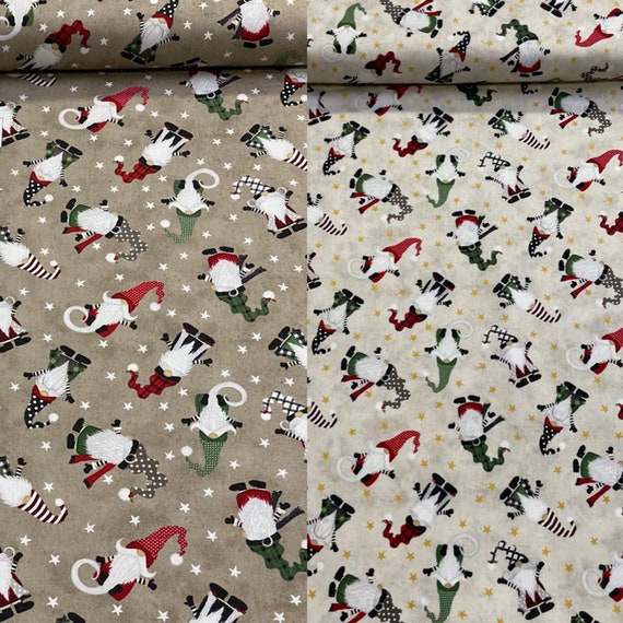 100 percent cotton fabric, holiday gnomes, choose background color. Quantity 1= fat quarter. Greater than 1 is a continuous cut.