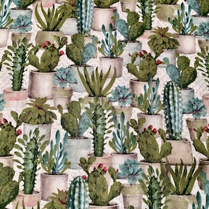 Desert Cactus in pots. 100% cotton fabric. Quantity 1= fat quarter. Greater than 1 is a continuous cut.