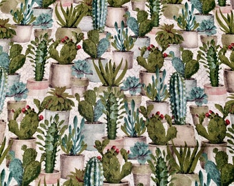 Desert Cactus in pots. 100% cotton fabric. Quantity 1= fat quarter. Greater than 1 is a continuous cut.