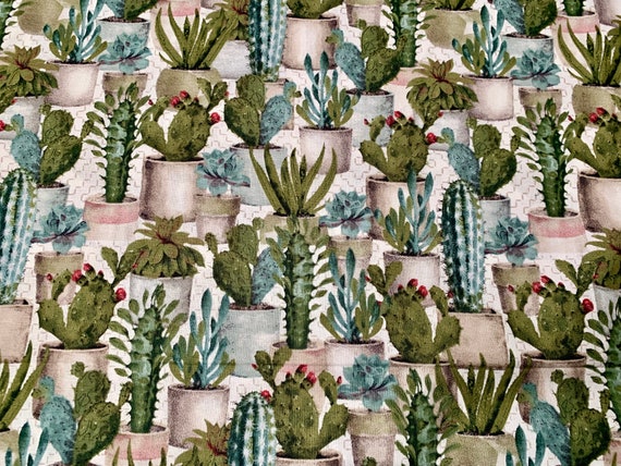 Desert Cactus in pots. 100% cotton fabric. Quantity 1= fat quarter. Greater than 1 is a continuous cut.