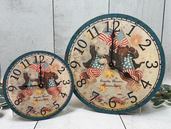 Wall clocks , vintage style, teddy bears, patriotic theme.