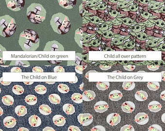 100 percent cotton fabric Mandalorian, Baby Yoda, choose your design. Quantity 1= fat quarter. Greater than 1 is a continuous cut.