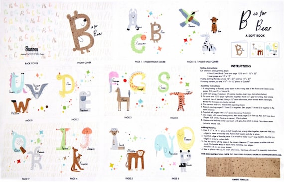 Soft Cloth Book Fabric Panel, cuddle fabric, alphabet animals, price is per panel.