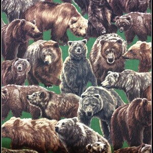 100 percent cotton fabric Bears on green background. Quantity 1= fat quarter. Greater than 1 is a continuous cut.