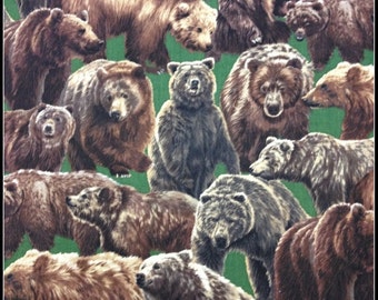 A 1-yard precut of 100 percent cotton fabric, Bears on green background.