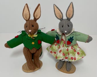 Vintage Deb Canham Artist Designs 2005 felt dolls, Saffron and Strawberry Rabbits