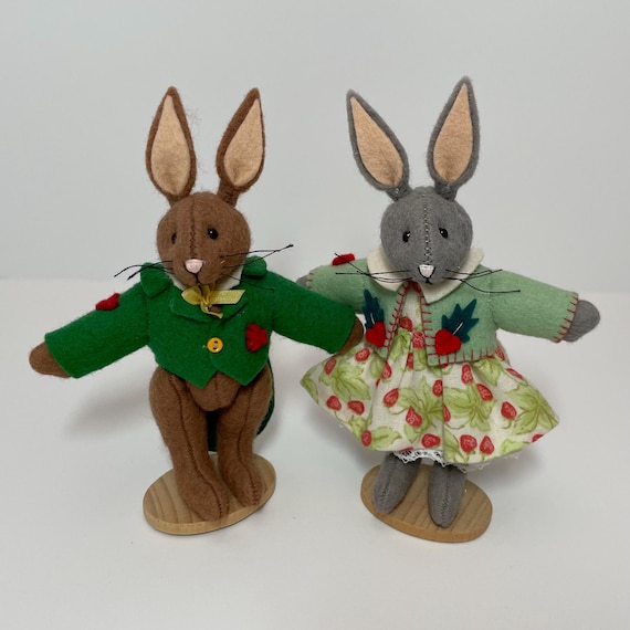 Vintage Deb Canham Artist Designs 2005 felt dolls, Saffron and Strawberry Rabbits