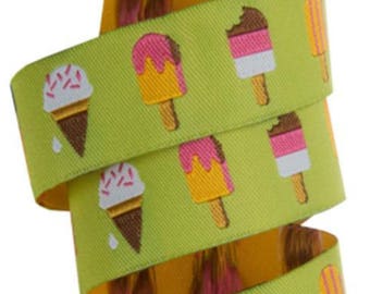 A single 1.5 yard cut piece of 7/8-inch woven jacquard ribbon, Popsicles & Ice Cream Cones on Lime Background