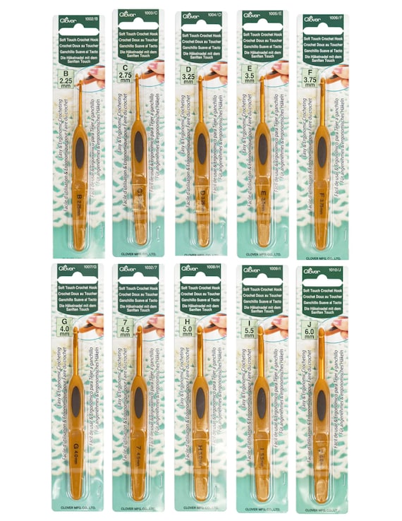 Set of 10 Clover Soft Touch Crochet Hooks, sizes 2.25mm to 6mm