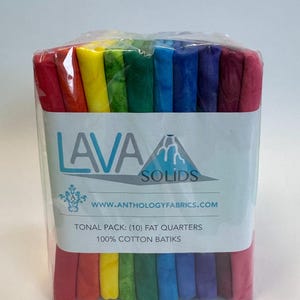 100 percent cotton batik fabric, package of 10 Fat Quarters. Lava Solids from Anthology. Rainbow theme.