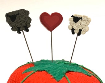 Just Another Button Company Pin Minis, "Ewe and Me" Black, White Sheep pins and Heart pin.