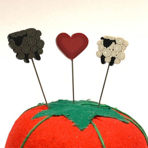 Just Another Button Company Pin Minis, "Ewe and Me" Black, White Sheep pins and Heart pin.