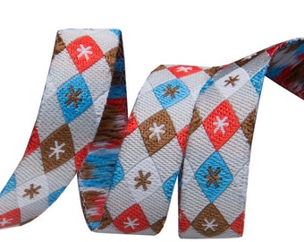 3/8-inch woven jacquard ribbon, argyle and stars on grey background.