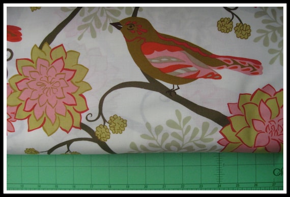 100 percent cotton fabric large birds and flowers on ivory background. Quantity 1= fat quarter. Greater than 1 is a continuous cut.