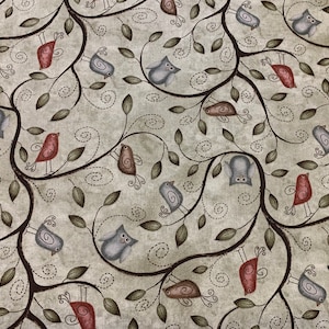 100 percent cotton fabric Owls & Birds On Grey-Green Background. Quantity 1= fat quarter. Greater than 1 is a continuous cut.