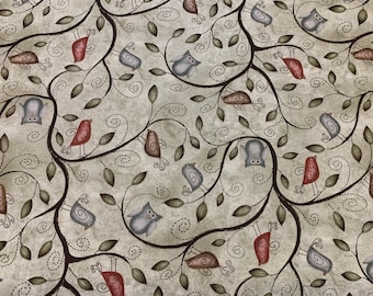 100 percent cotton fabric Owls & Birds On Grey-Green Background. Quantity 1= fat quarter. Greater than 1 is a continuous cut.
