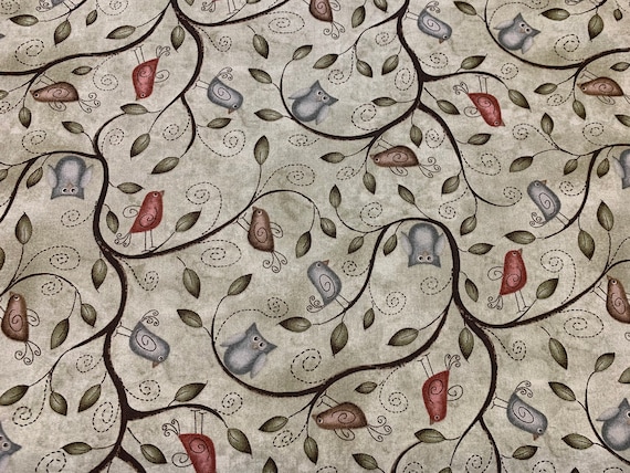 100 percent cotton fabric Owls & Birds On Grey-Green Background. Quantity 1= fat quarter. Greater than 1 is a continuous cut.