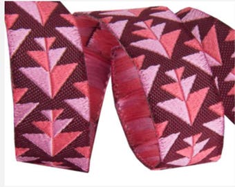 5/8-inch woven jacquard ribbon, Pink and Burgundy, an Amy Butler design.
