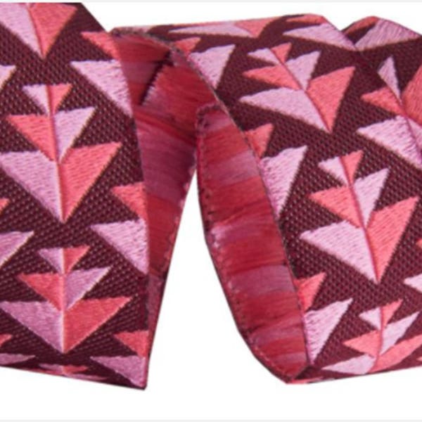 5/8-inch woven jacquard ribbon, Pink and Burgundy, an Amy Butler design.