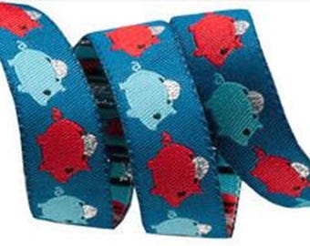 5/8-inch woven jacquard ribbon, Piggy Banks on Blue Background, designed by Jessica Jones