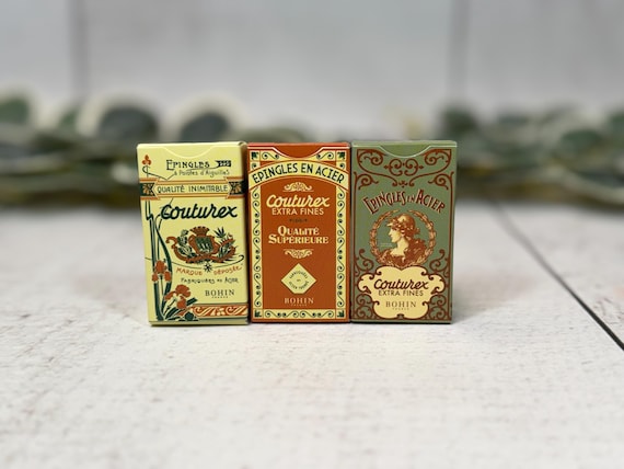 Bohin Couturex vintage style 1.25-inch dressmaker pins. Three box colors to choose from.