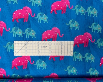100 percent cotton fabric pink/green elephants on blue background. Quantity 1= fat quarter. Greater than 1 is a continuous cut.